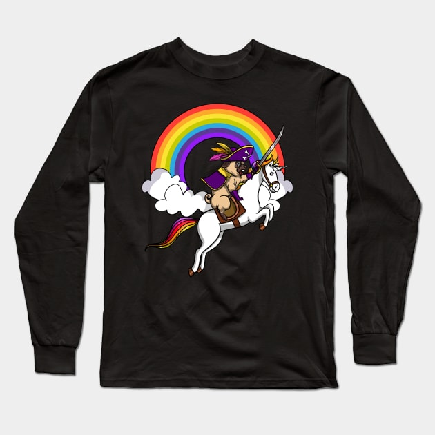 Pug Dog Pirate Riding Unicorn Long Sleeve T-Shirt by underheaven